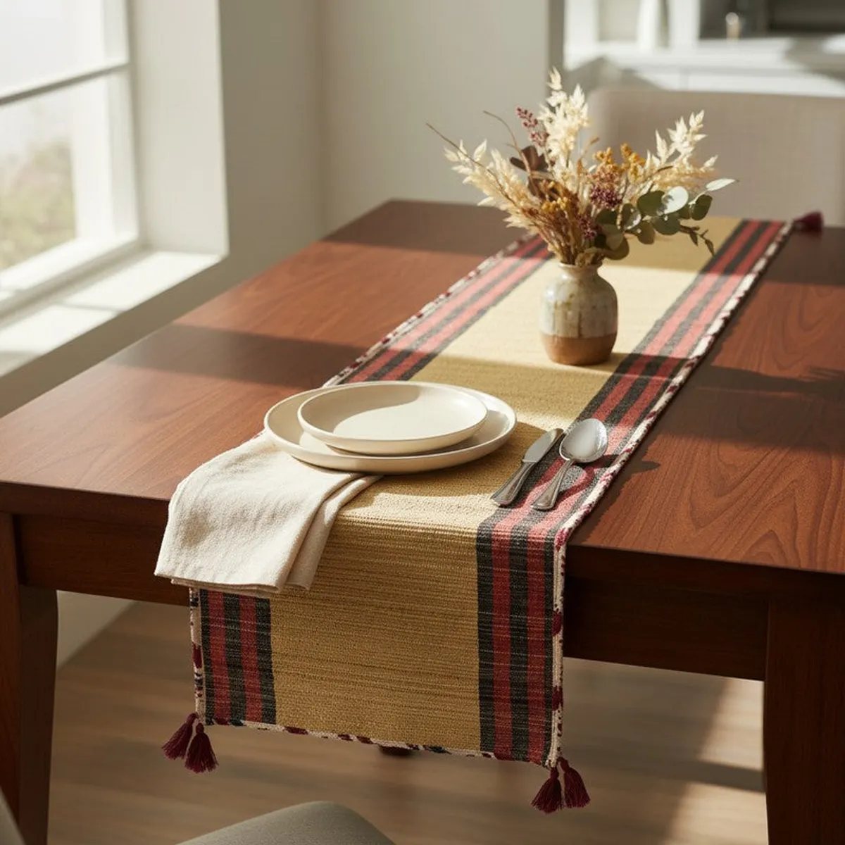 Beige and red table runner arranged on a dining table with plates and a vase