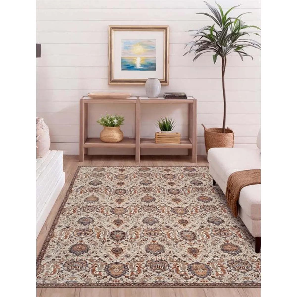 Brown patterned carpet styled in a living room beneath a sofa