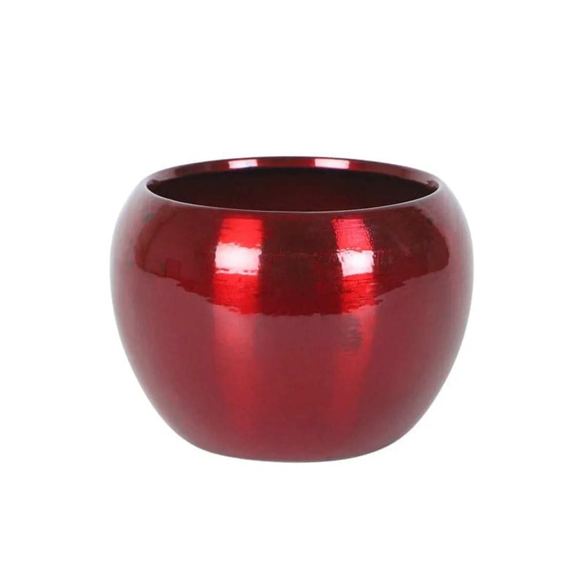 Single glossy red round planter on a plain background