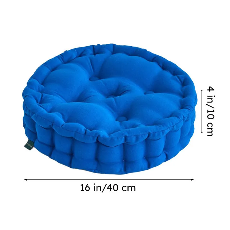 Round classic blue floor cushion with size markings shown in the image