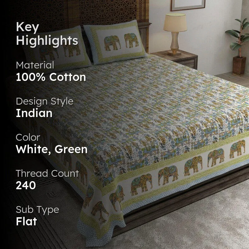 Heritageix Cotton Bedsheet (White,Green) - 240 TC media 2
