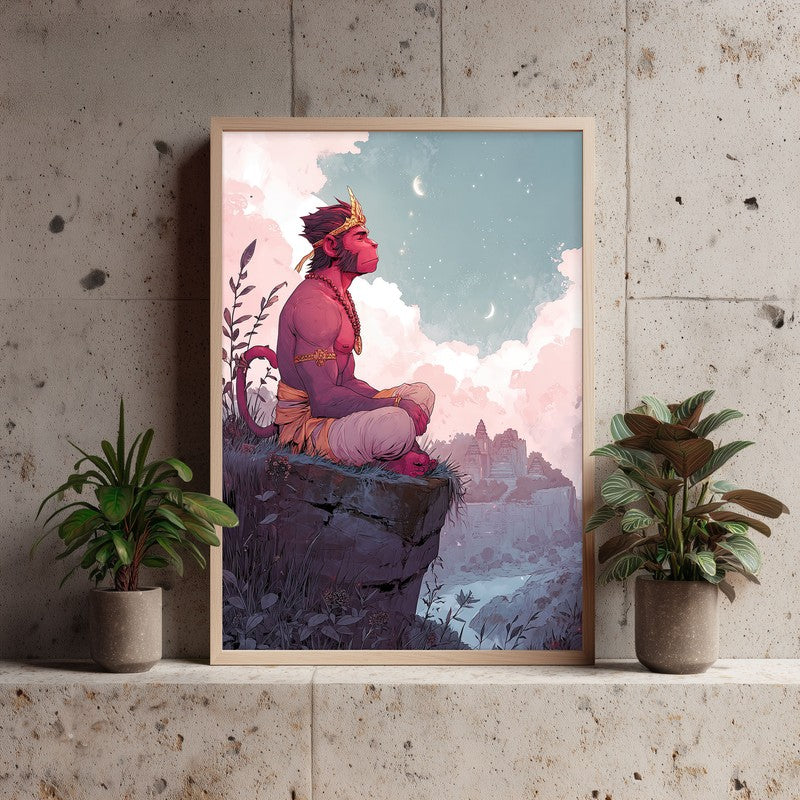 Sri Hanuman Divine Peace Spiritual Archival Paper Wall Art - Natural Brown Frame media 3