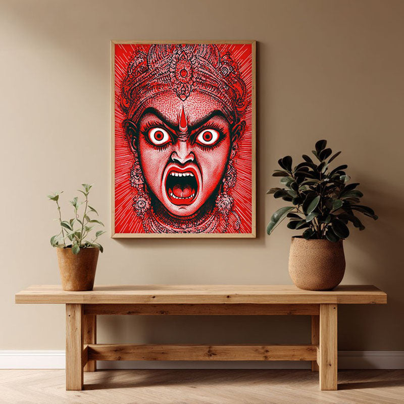 Rudra Mahakali Spiritual Archival Paper Wall Painting - Natural Brown Frame