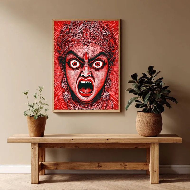 Rudra Mahakali Spiritual Archival Paper Wall Painting - Natural Brown Frame media 1