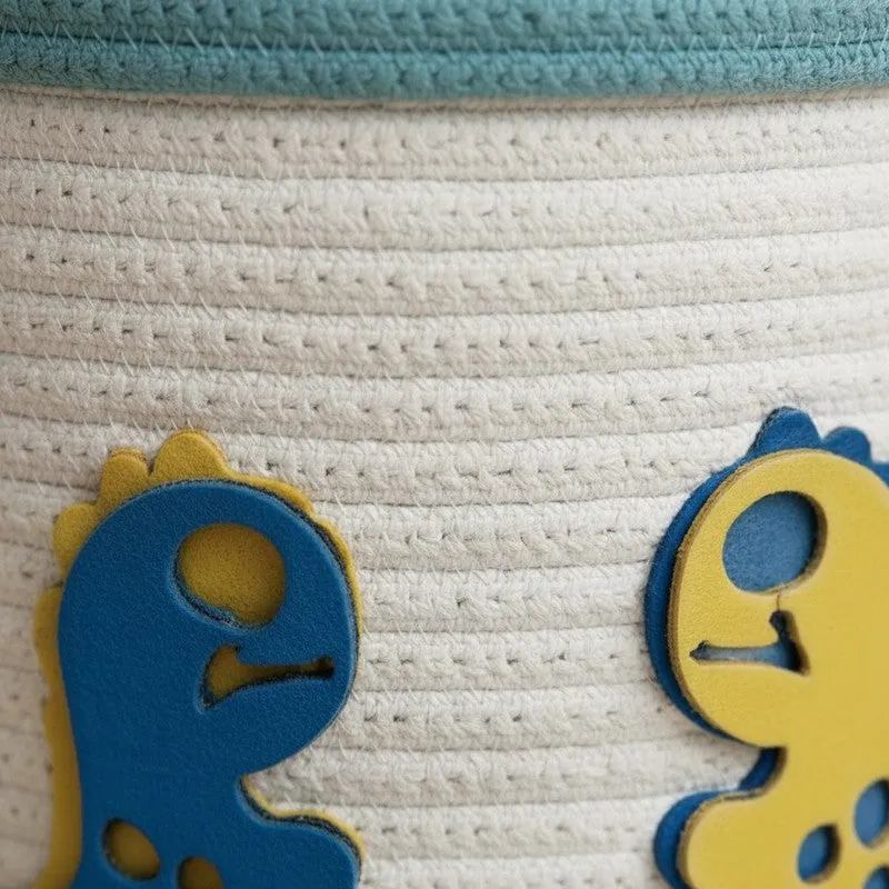 Close-up of dinosaur appliques on a white textured cotton storage basket