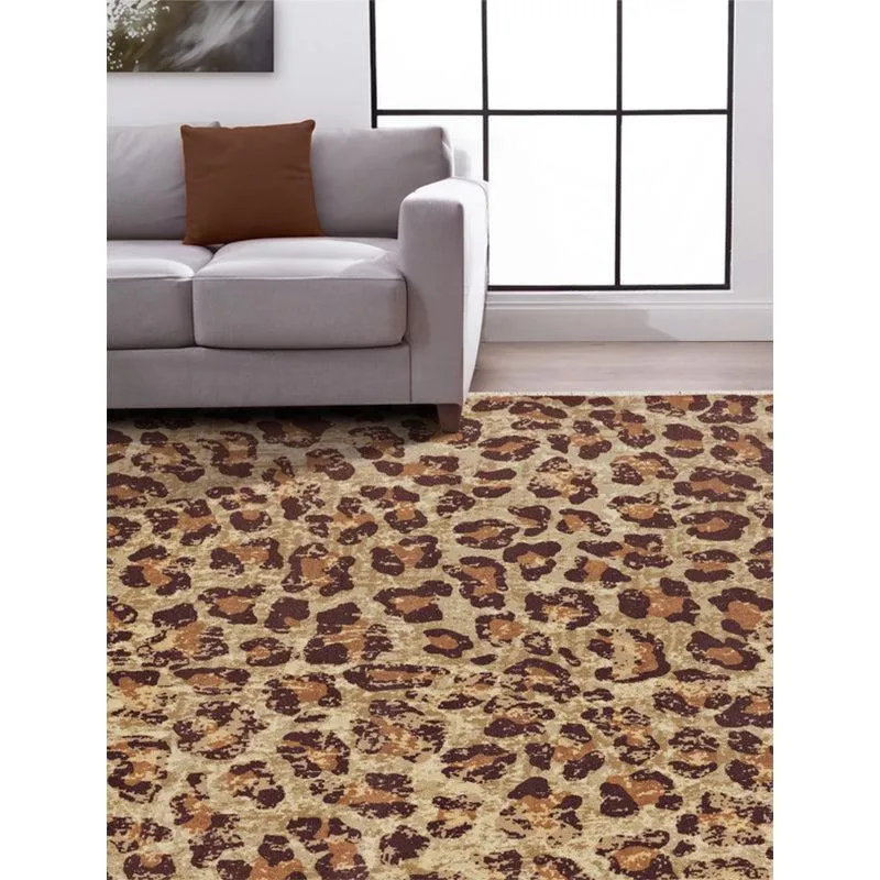 Brown leopard-pattern carpet styled beside a light sofa in a living room
