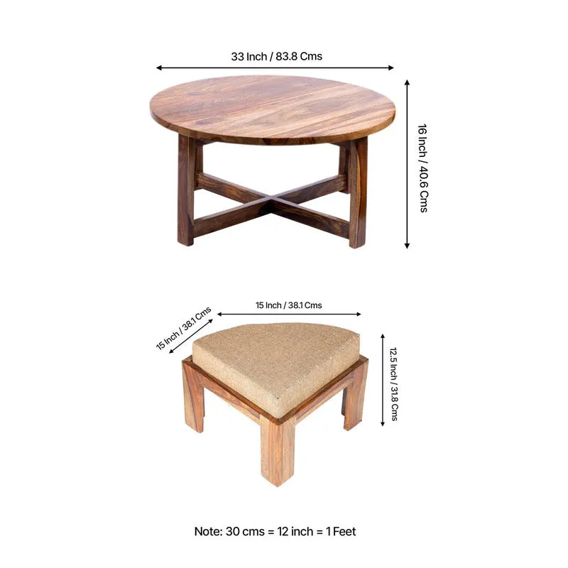 Hervon Sheesham Wooden Center Table with Stools and Cushions (Brown,Beige) - Nine Piece Set media 12