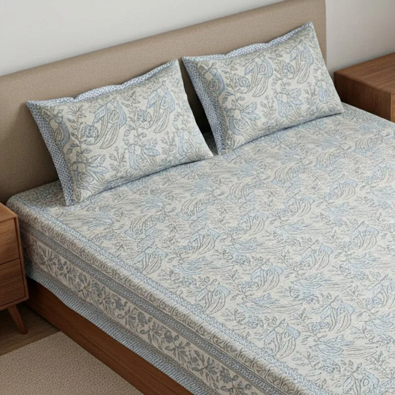 Irava Floral Cotton Bedsheet (Blue,Grey) - 144 TC media 3