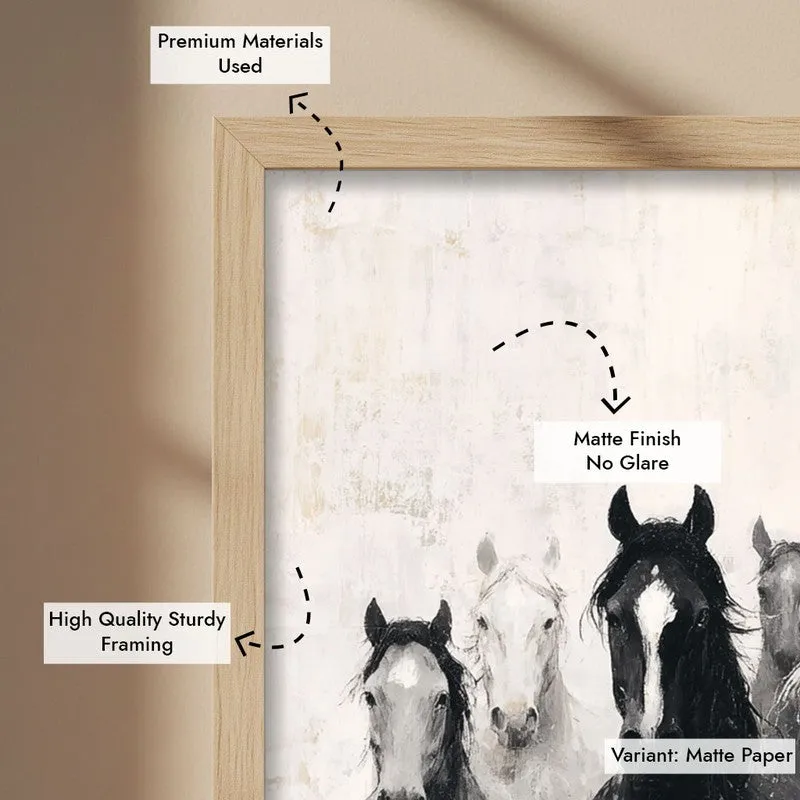 Charcoal Horse Stampede Wall Painting With Brown Frame media 9