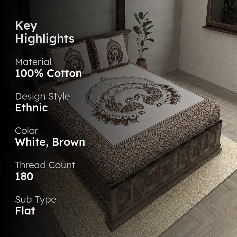 Mayura Ethnic Cotton Bedsheet (White,Brown) - 180 TC media 2