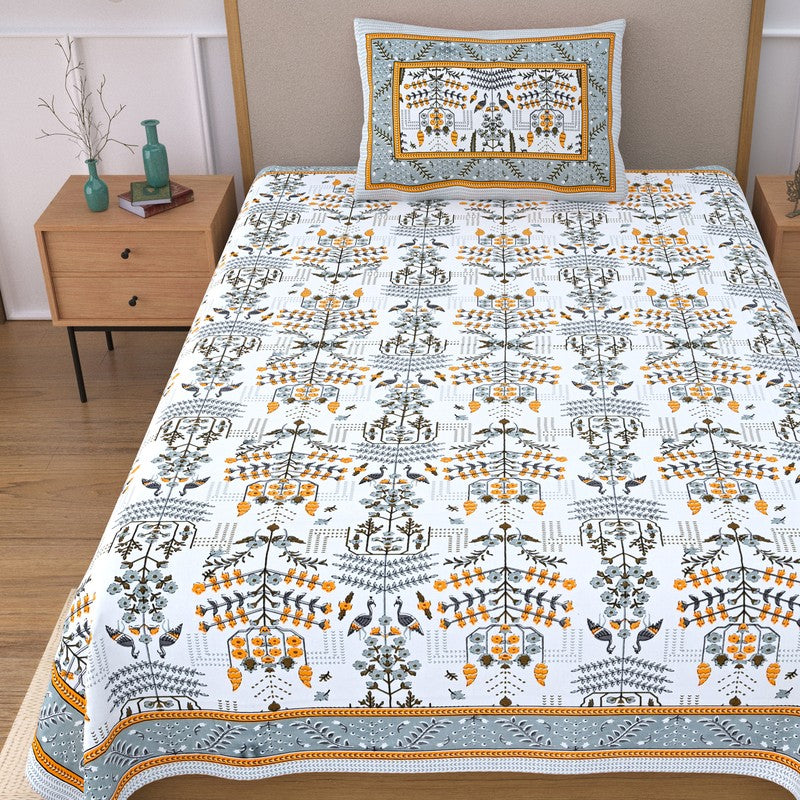 Serenza Floral Cotton Bedsheet (Blue & Yellow) - 240 TC media 4