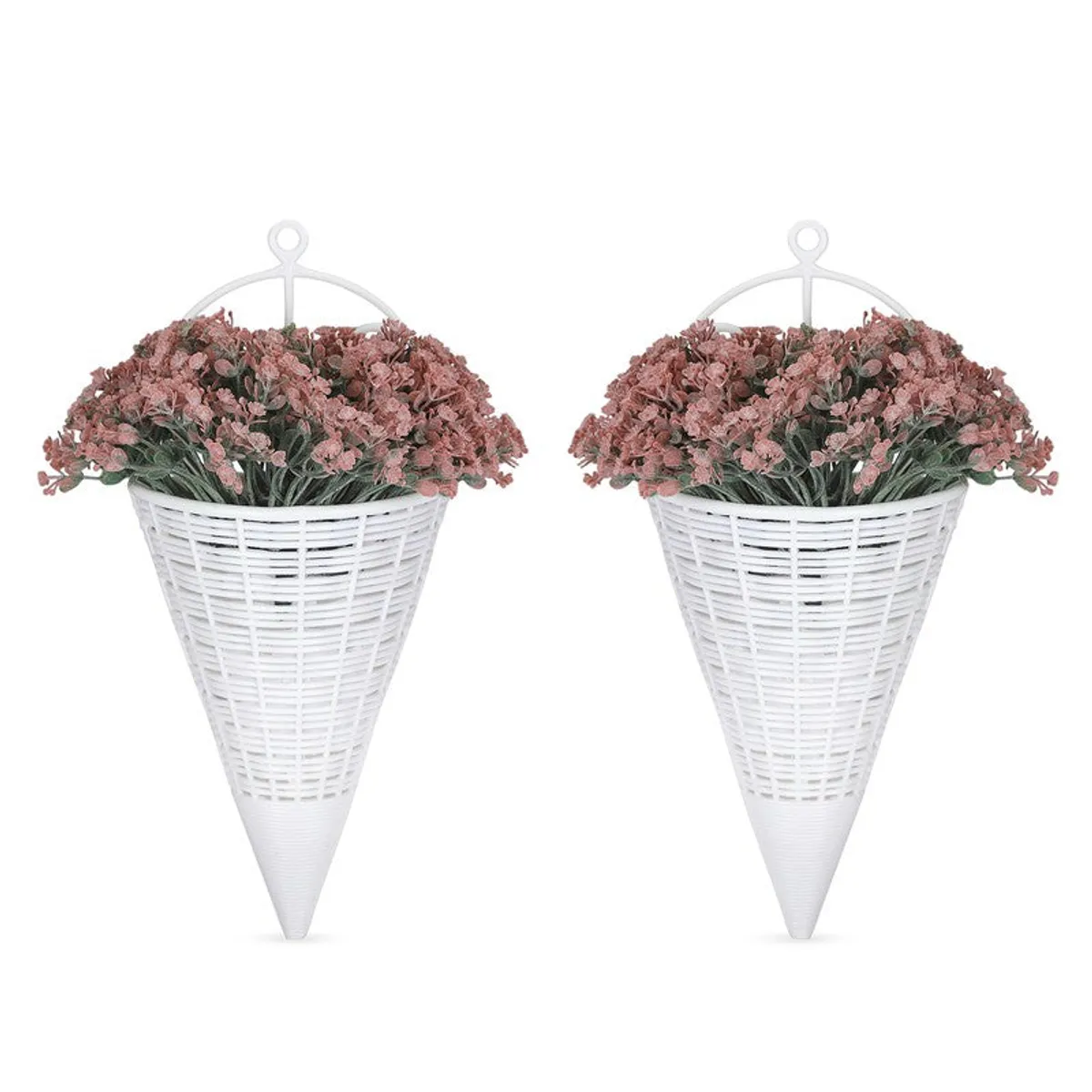 Two peach artificial flower arrangements displayed in white hanging pots