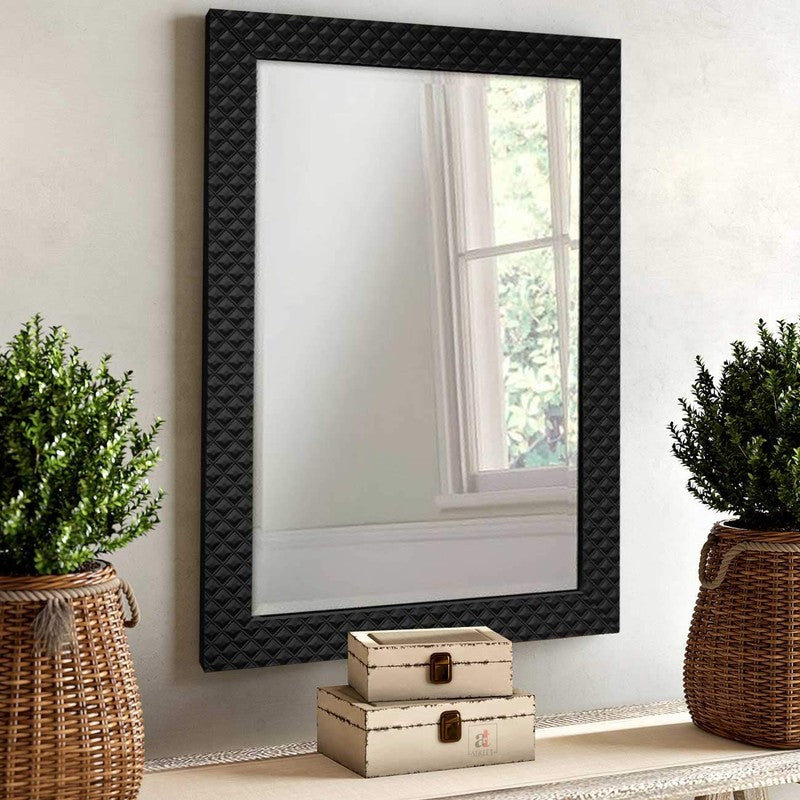 Obsidian Grid Wall Mirror With Wooden Frame
