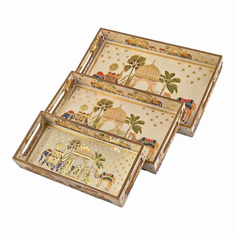 Rajvaha Premium Beige MDF Serving Tray Set - Pack of 3 media 5