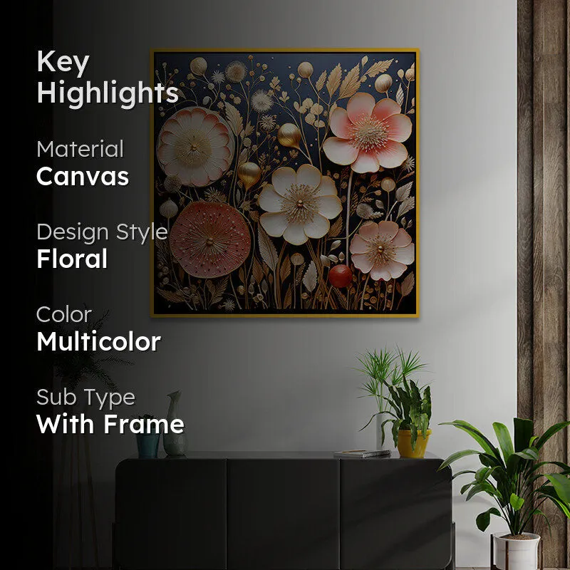 Blooms Of Night Canvas Wall Painting With Frame - Gold media 2