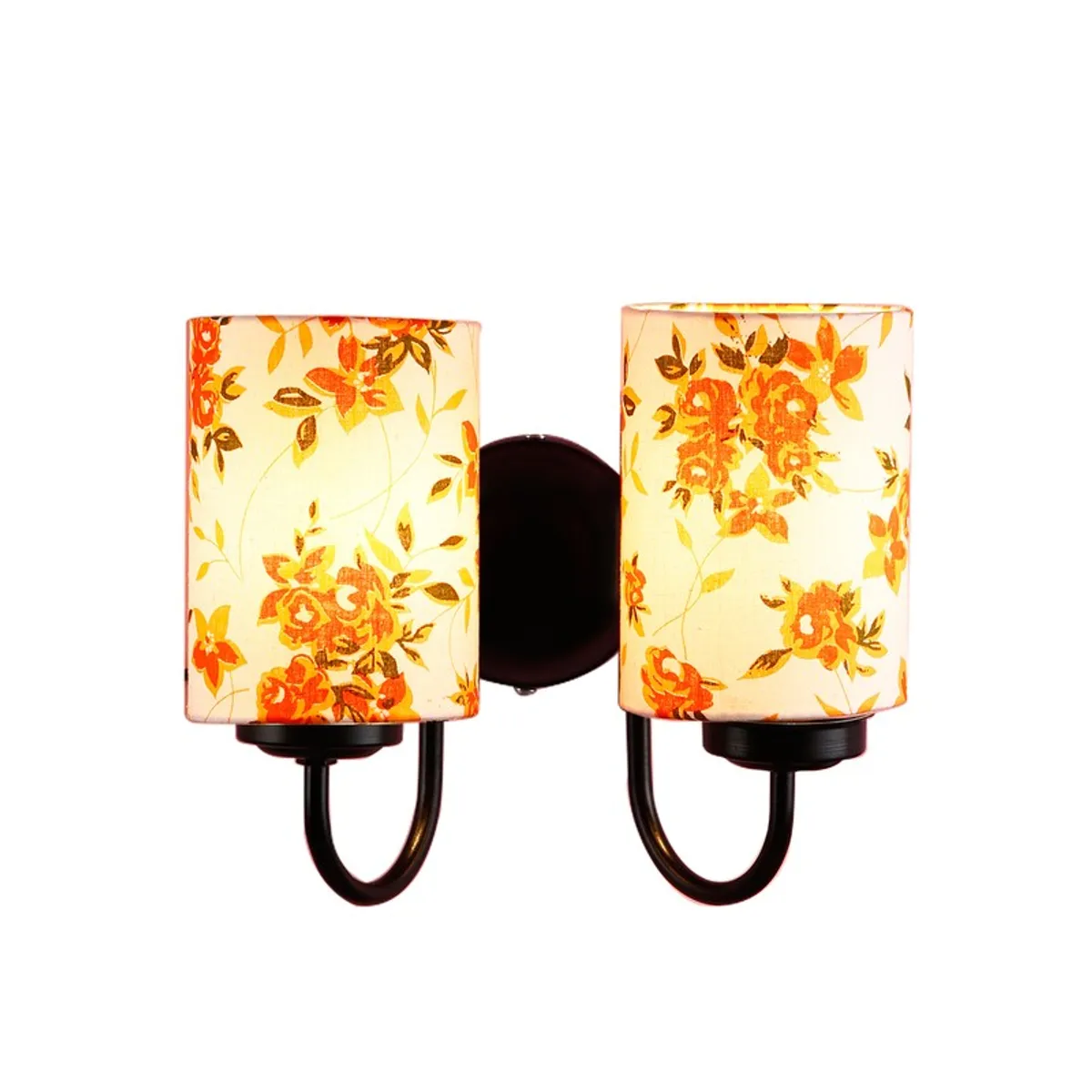 Lit dual wall lamp with white and orange floral shades