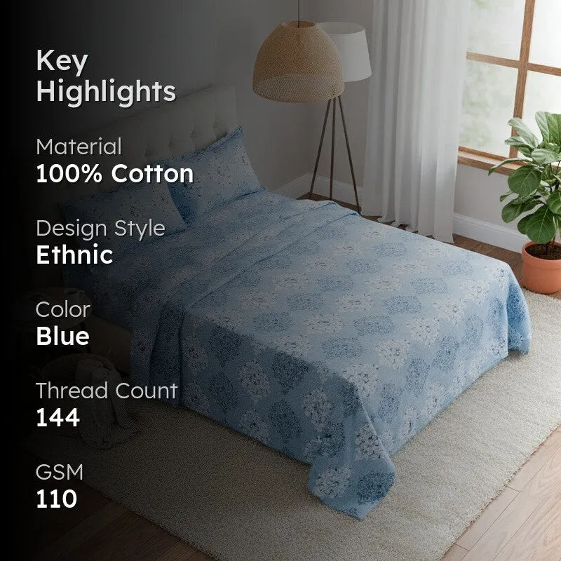 Ivora Ethnic Cotton Bedsheet (Blue) - 144 TC media 2