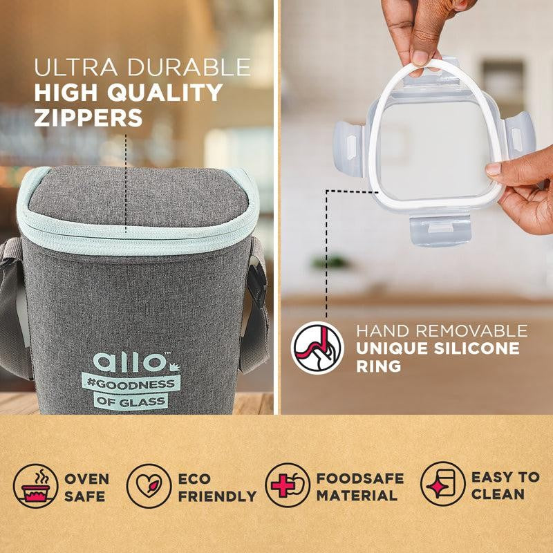Oliva Square Glass Lunch Box With Grey Lunch Bag (320 ML) - Four Piece Set media 5