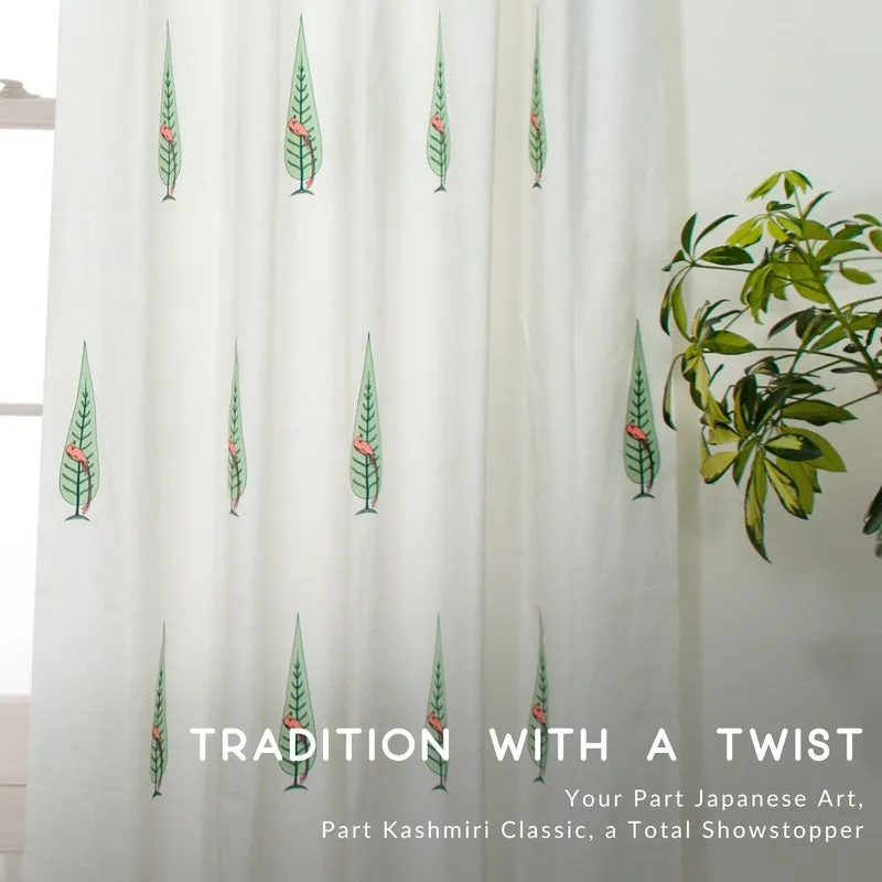 Coral Leafy Escape Cotton Room Darkening Curtains with tropical leaf print, close-up
