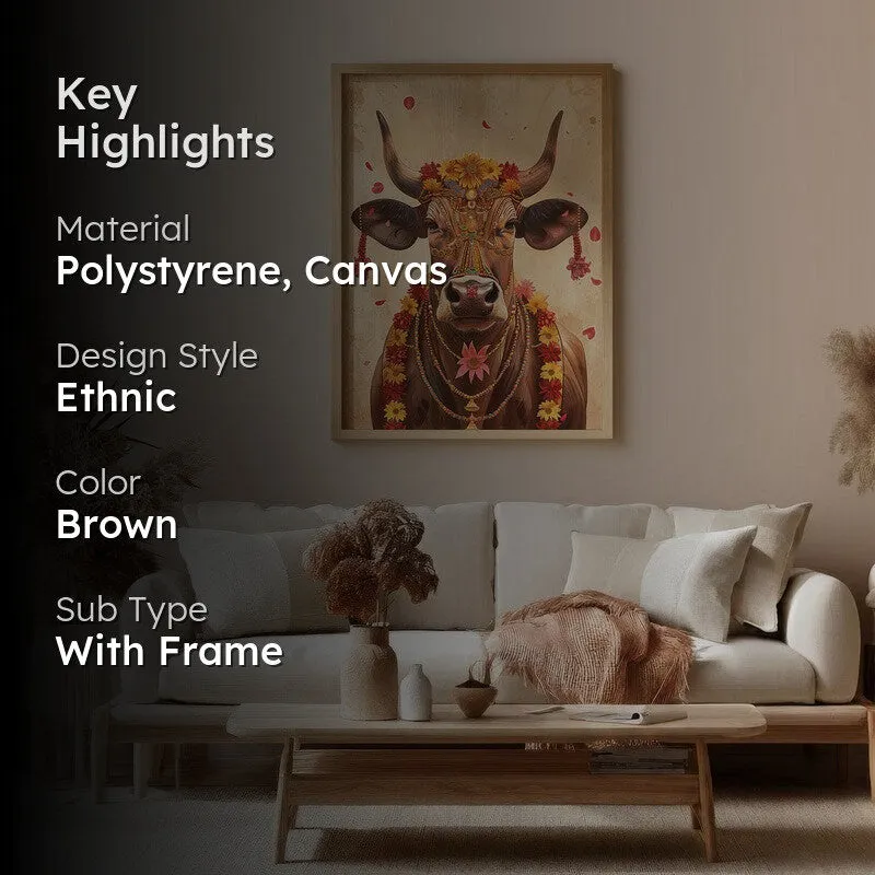 Divine Cow Traditional Canvas Wall Painting With Brown Frame media 2