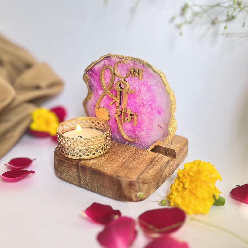 Jai Shri Ram Handcrafted Agate Religious Accent With Tealight Candle Holder - Pink media 3