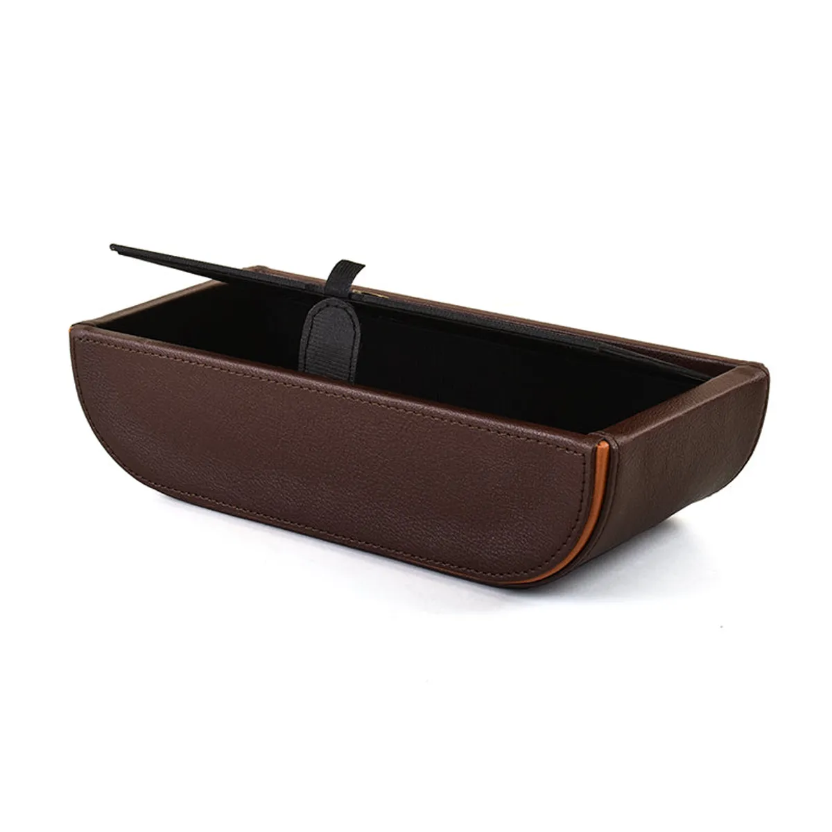 Open brown tissue holder showing the interior compartment