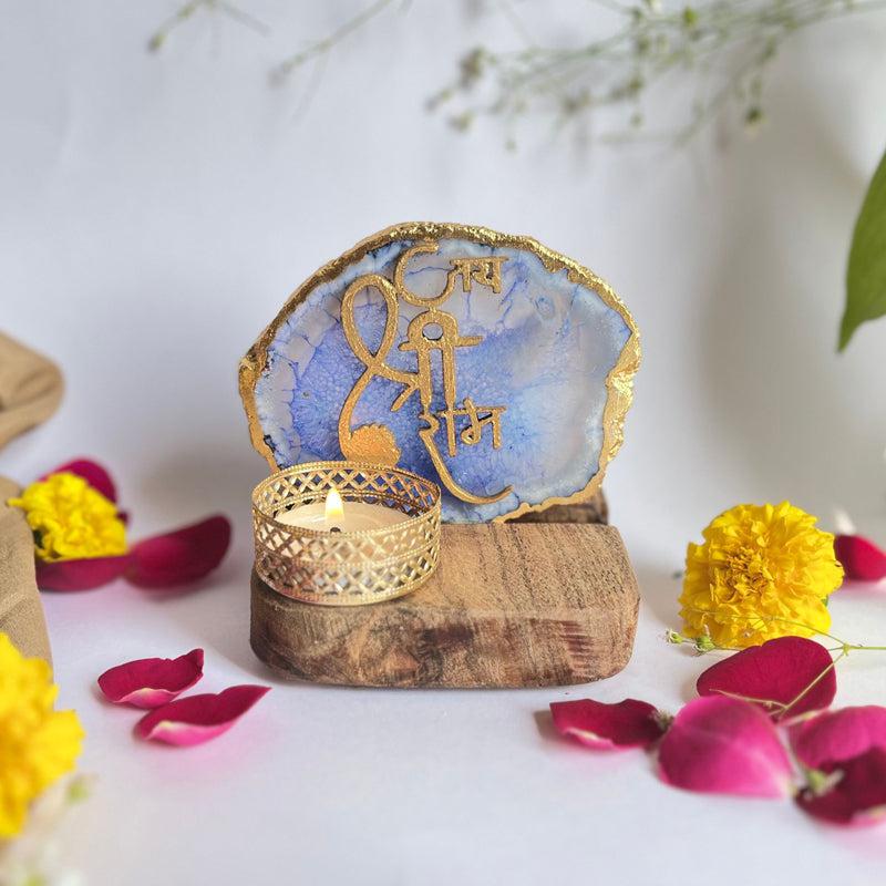 Jai Shri Ram Handcrafted Agate Religious Accent With Tealight Candle Holder - Blue