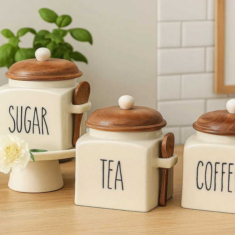 Ivory Ceramic Kitchen Storage Jar with Mango Wood Lid (1000 mL Each) - Set Of Three media 4