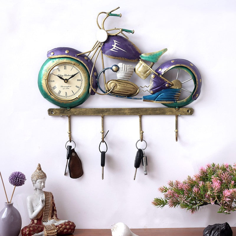Bike Utility Key Holder Accent Metal Wall Clock