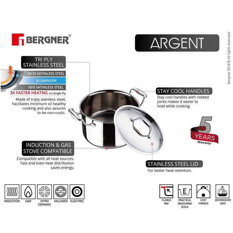 Bergner Argent Triply Casserole With Lid - 4100 ML media 7