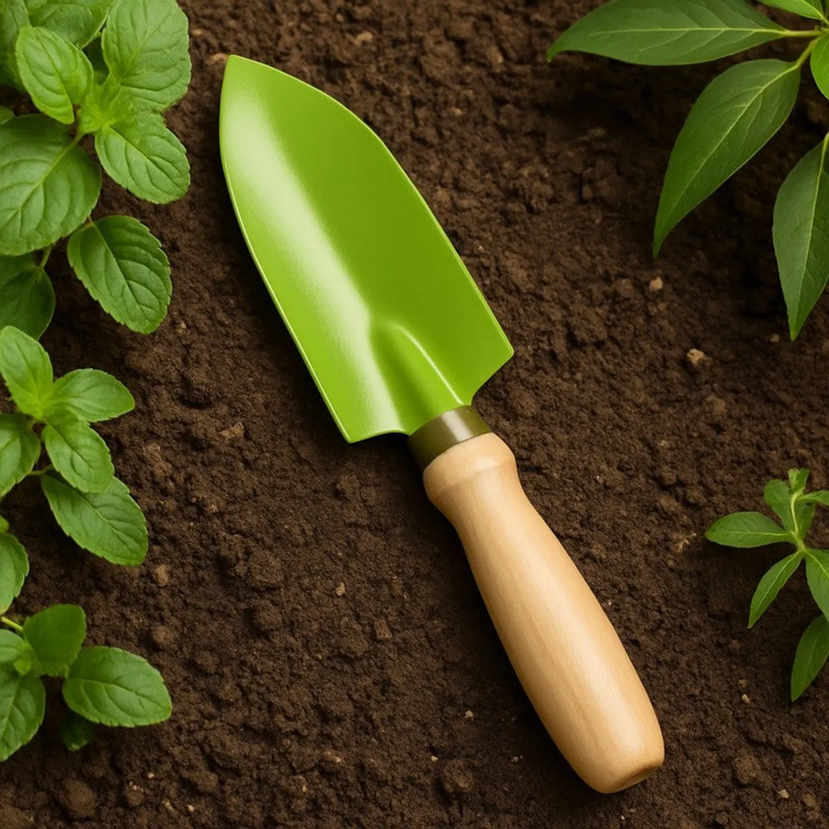 Close-up of a green hand trowel with a wooden handle in soil