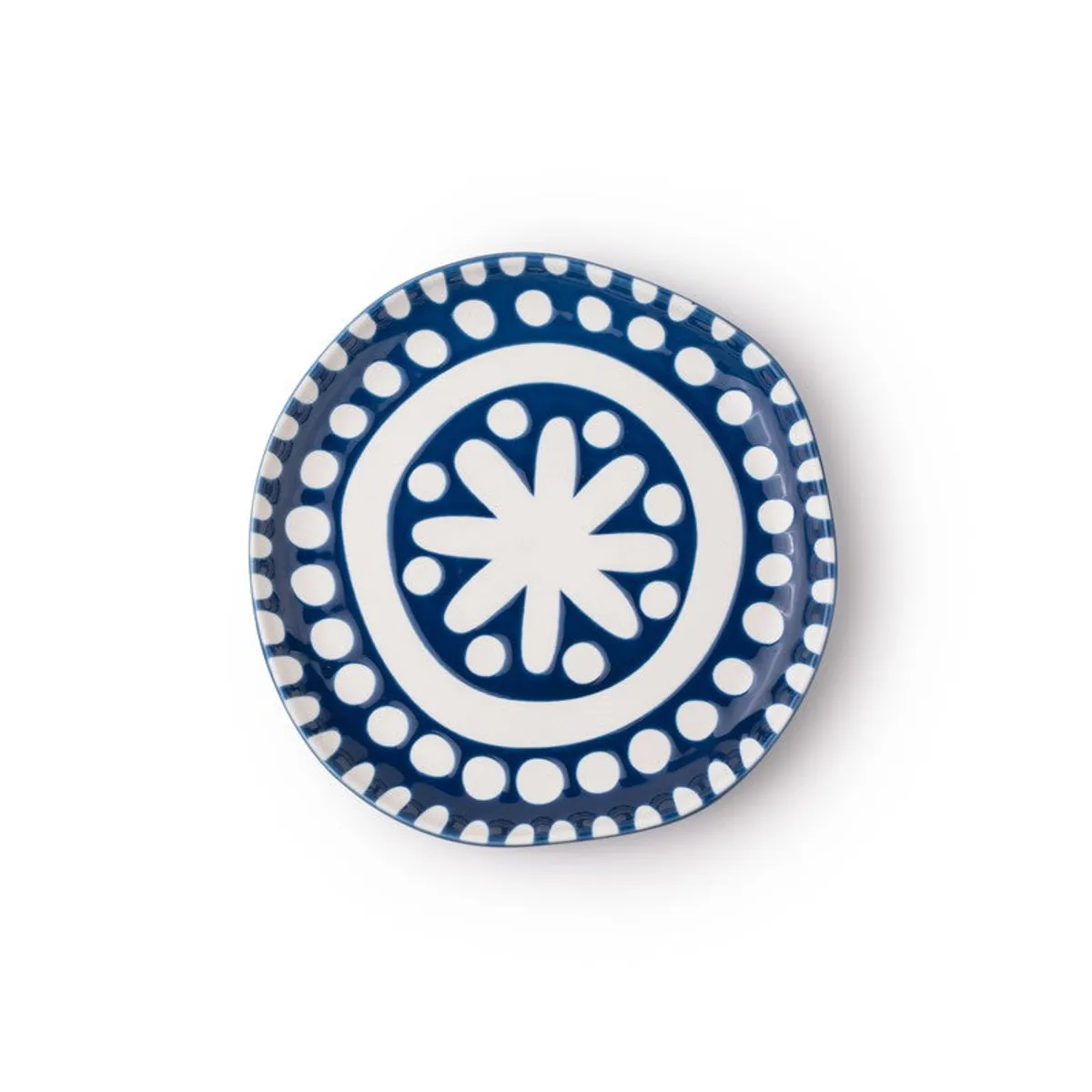 Two blue and white patterned porcelain plates displayed together on a white background