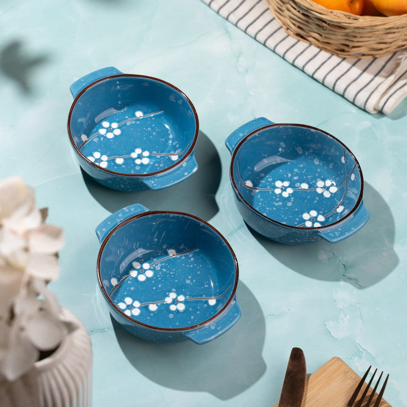 BiteBloom Porcelain Snack Bowl (Blue/350 mL Each) - Set of Three - 350 mL