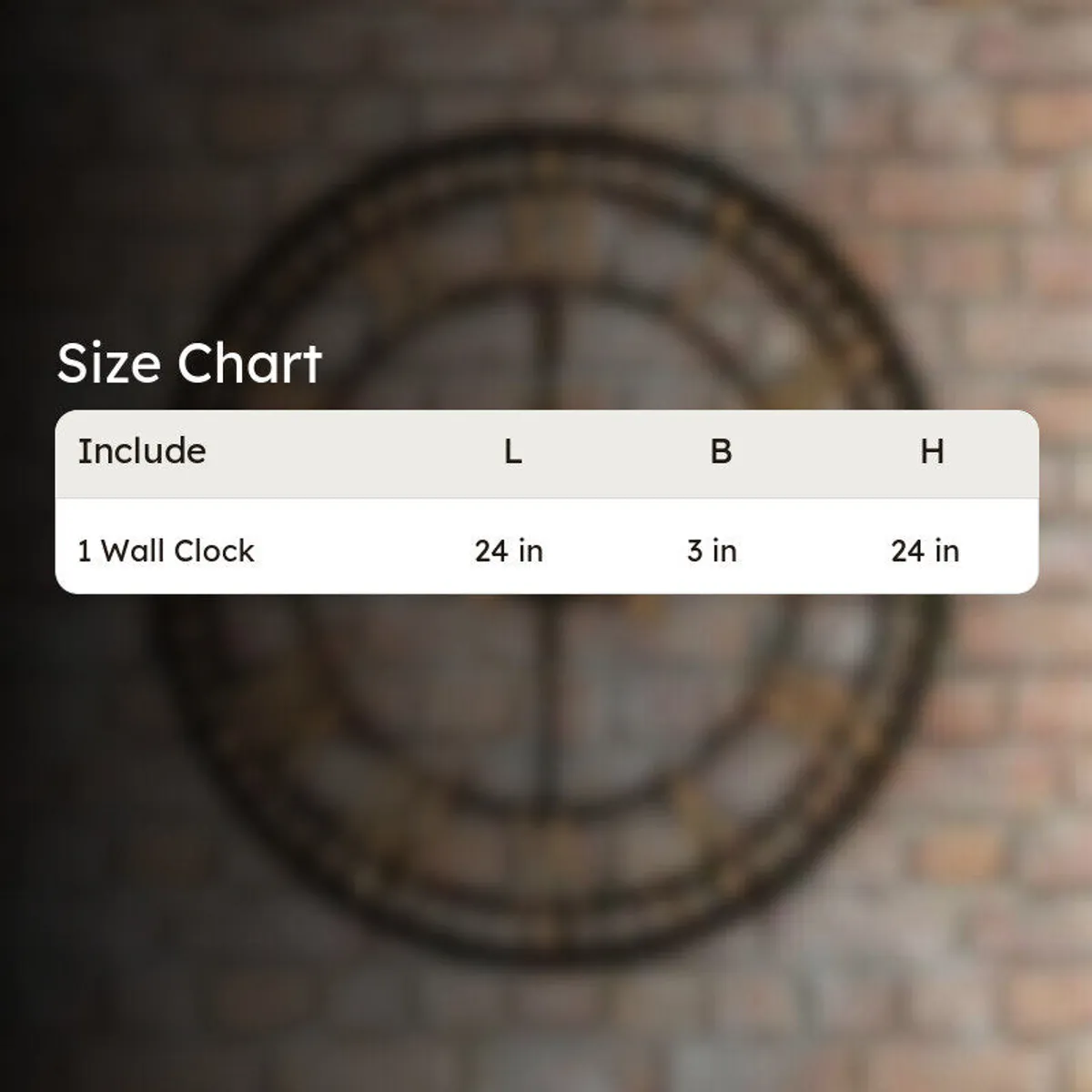 Size chart for one wall clock with dimensions shown visually