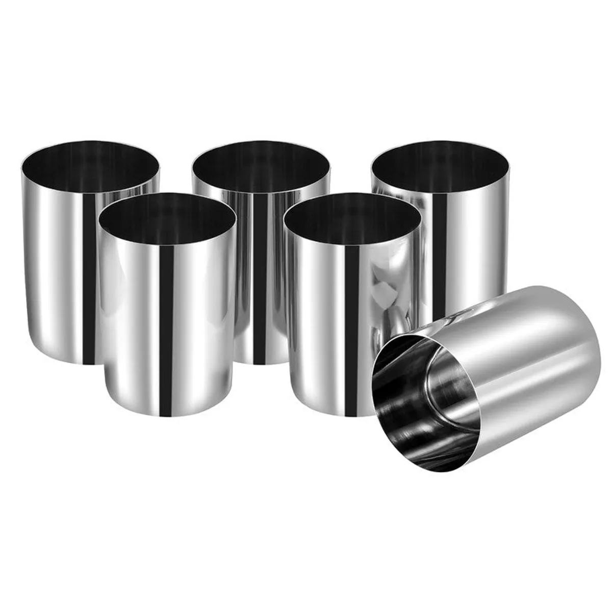 Six silver cylindrical glasses shown together, including one glass on its side