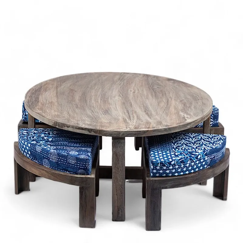 Jervon Sheesham Wooden Center Table with Stools and Cushions (Grey,Blue) - Nine Piece Set media 4