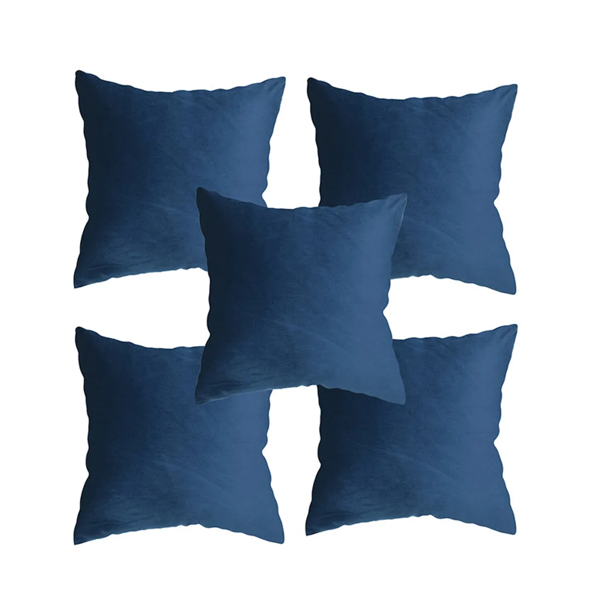 Five blue square cushion covers arranged against a white background