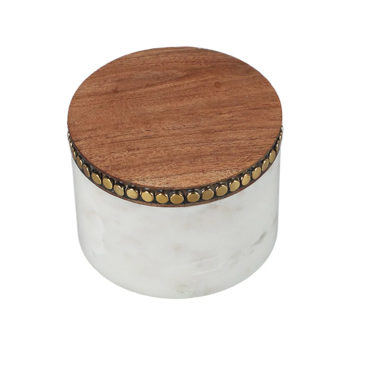 White marble storage jar with flat brown wood lid and brass rim