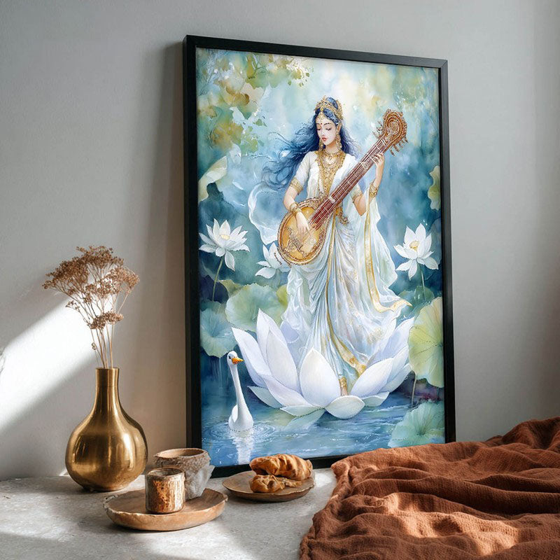 Veena Vaadhini Spiritual Archival Paper Wall Painting With Frame - Black media 4