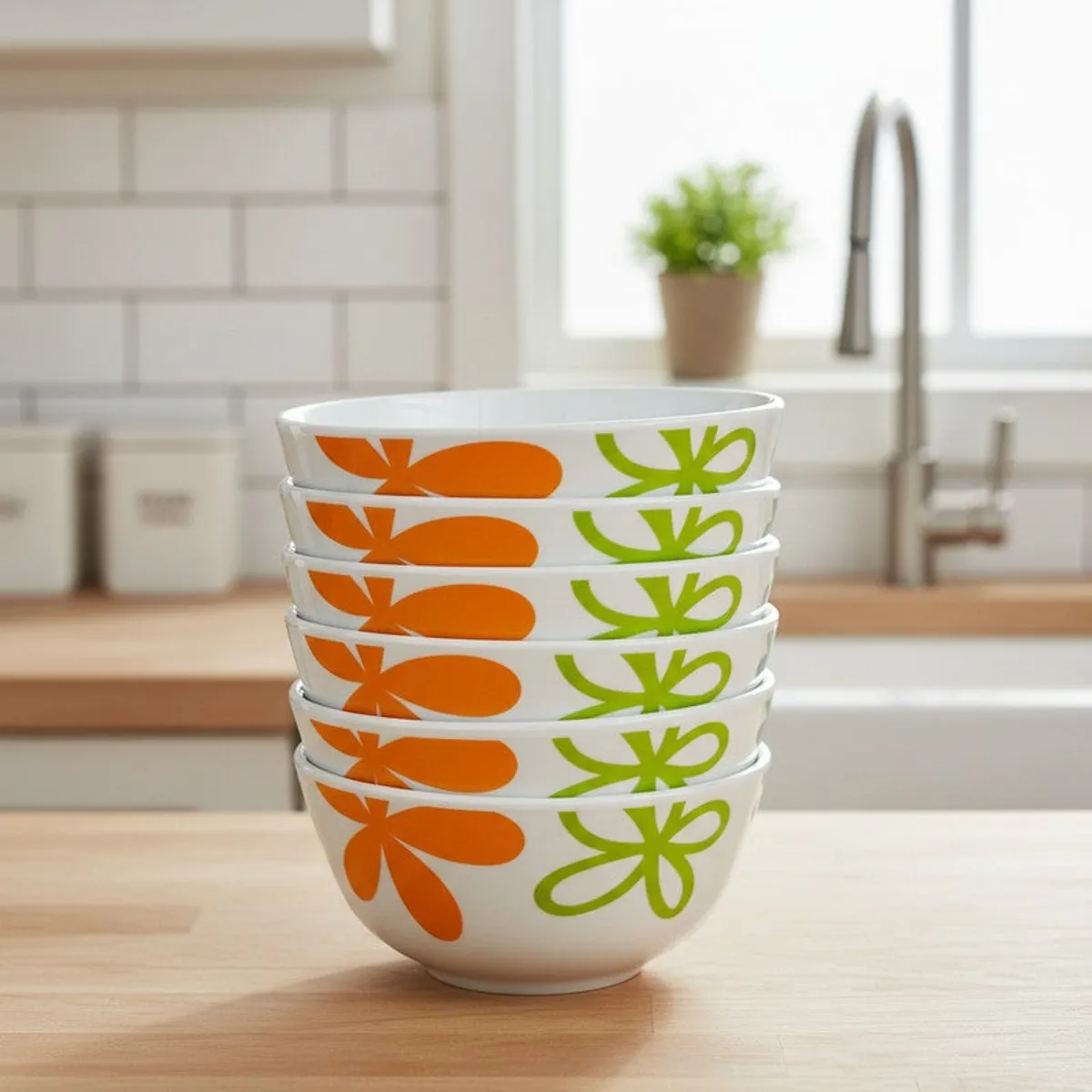 Six white bowls stacked together, decorated with orange and green floral motifs