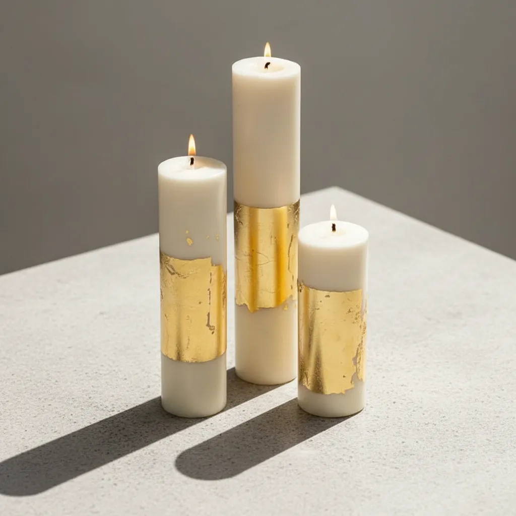 Set of 3 White Gold Pillar Candles - Cinnamon Roll Scented media 1