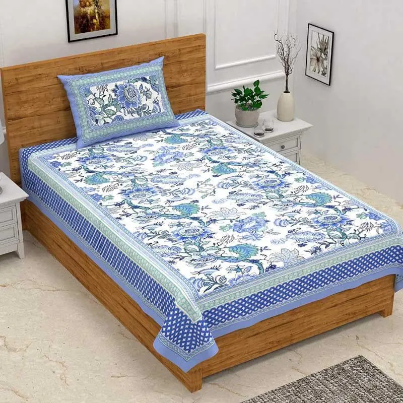Posy Revelry Cotton Bedsheet (Blue) - 180 TC media 1