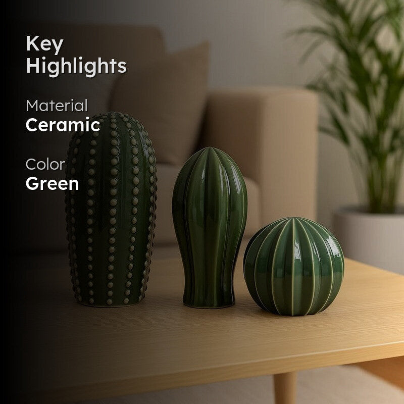 Textured Cactus Ceramic Decorative Accent - Set of Three media 2