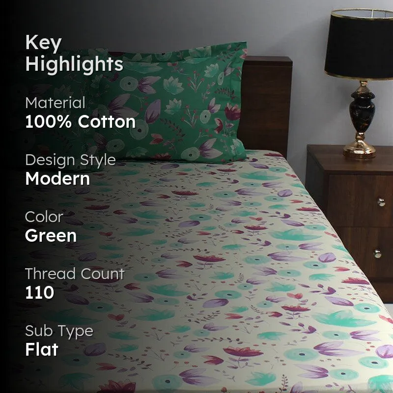 Vidhi Floral Cotton Bedsheet (Green) - 110 TC media 2