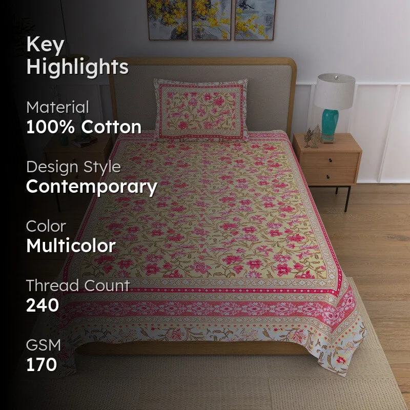 Snuglyn Floral Cotton Bedsheet (Pink & Yellow) - 240 TC media 2
