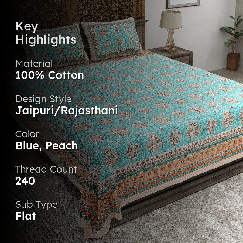 Royalon Cotton Bedsheet (Blue,Peach) - 240 TC media 2