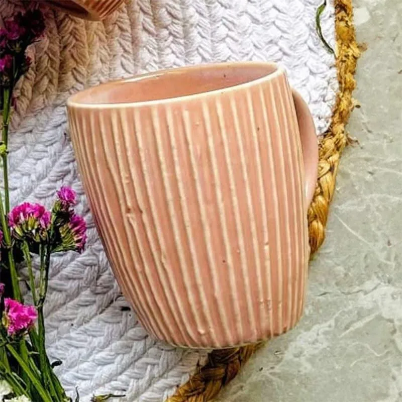 Stripe Ceramic Coffee Mug (300 mL Each/Peach) - Set of Two media 3