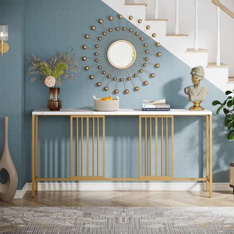 Narrow Long Metal Console Table with White Marble Top (Gold) - Large media 3