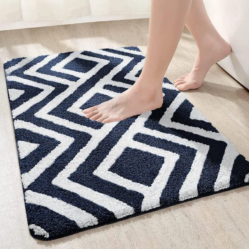 Luxe Plush Bathmat - Blue & White media 1