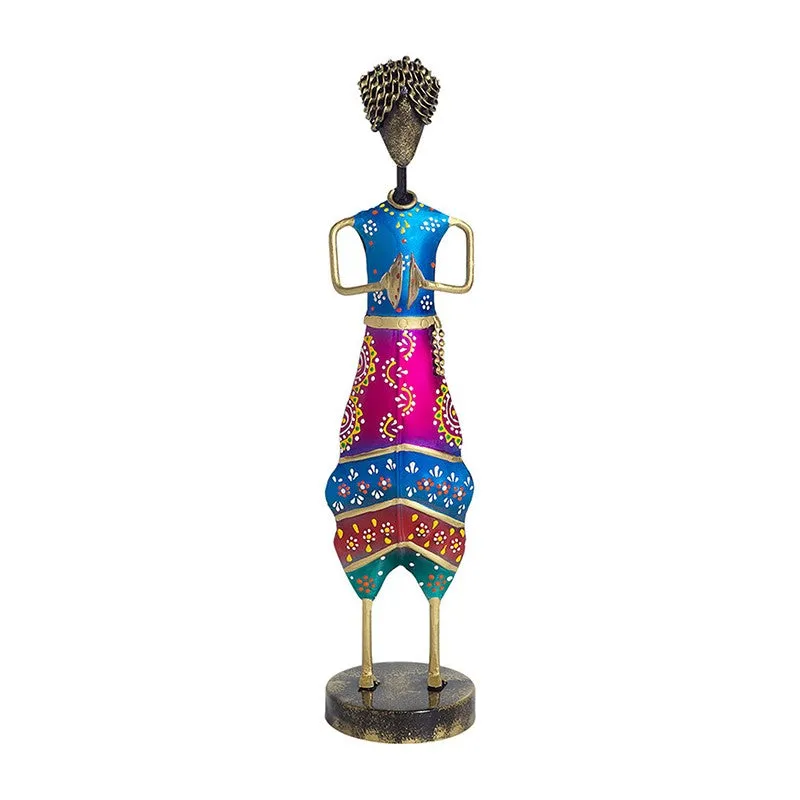 Folk Lady Dholak Player Iron Showpiece - Blue media 3